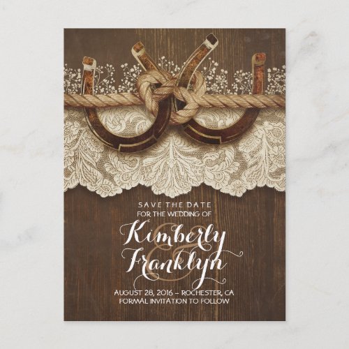 Lace Wood Horseshoes Rustic Country Save the Date Announcement Postcard