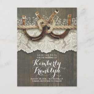 Lace Wood Horseshoes Rustic Country Save the Date Announcement Postcard
