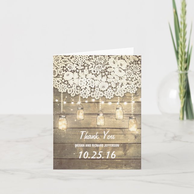 Lace Wood Lights Mason Jar Barn Wedding Thank You Card (Front)