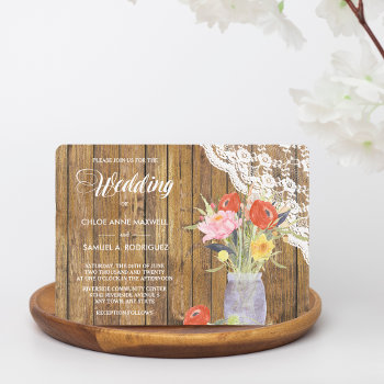 Lace Wood Mason Jar Floral Wedding Invitation by AvenueCentral at Zazzle