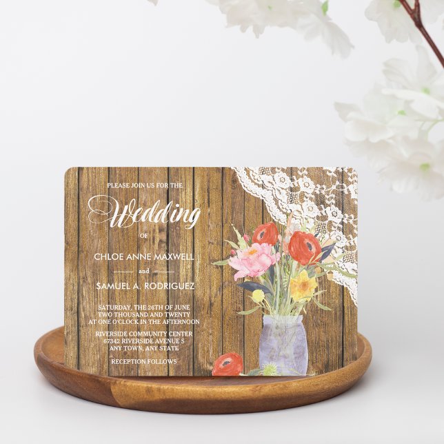 Lace Wood Mason Jar Floral Wedding Invitation (Creator Uploaded)