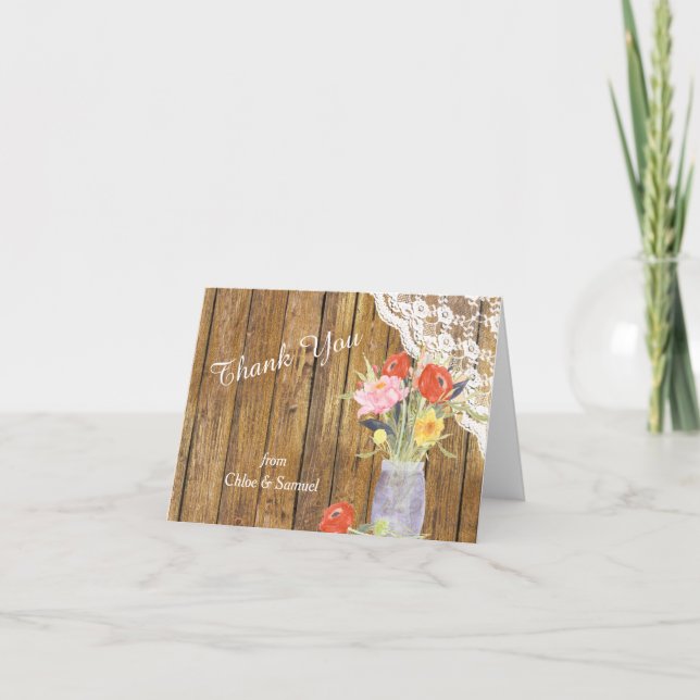 Lace Wood Mason Jar Floral Wedding Thank You (Front)