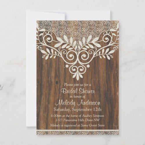 Lace Wood Rustic Vintage Ivory Bridal Shower Invites