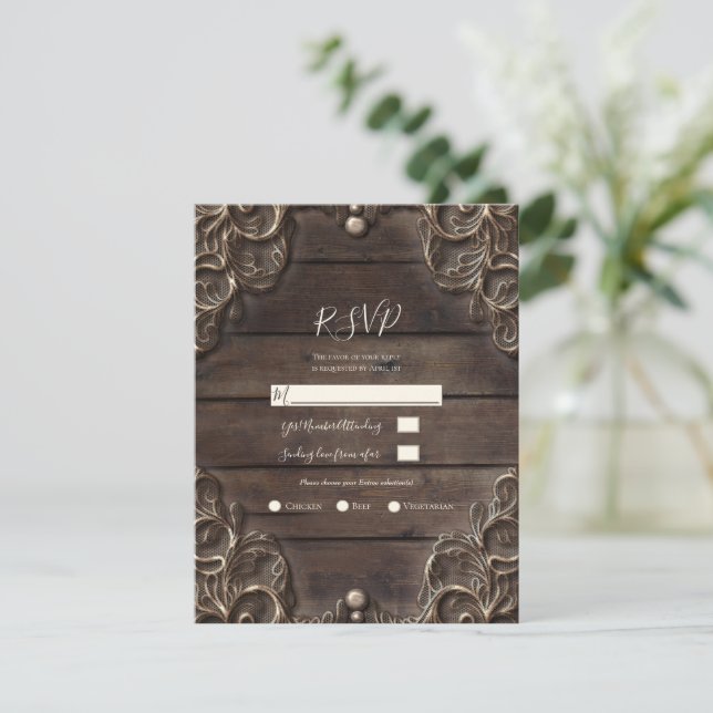 Lace & Wood Rustic Vintage Wedding Reply RSVP  Invitation (Standing Front)
