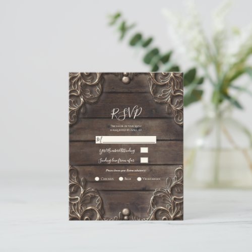 Lace  Wood Rustic Vintage Wedding Reply RSVP  Invitation