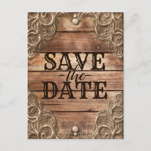 Lace Wood Rustic Vintage Western Save the Date Announcement Postcard
