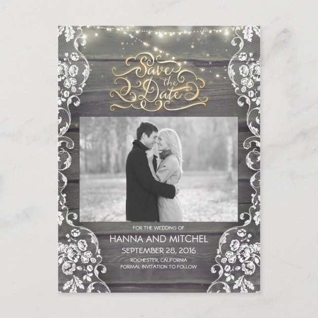 Lace Wood String Lights Rustic Photo Save The Date Announcement Postcard (Front)