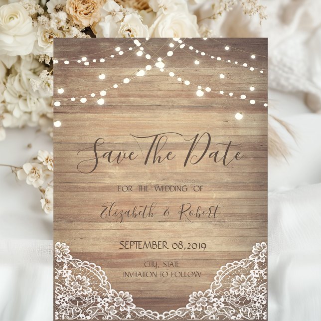 Lace, Wood Texture, String Lights Save The Date (Creator Uploaded)