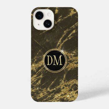 Laced Gold Glitter Monogram On Black Iphone 14 Case by MegaCase at Zazzle