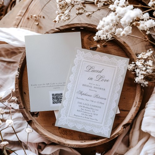 Laced in Love Cream Lace QR Code Bridal Shower Invitation