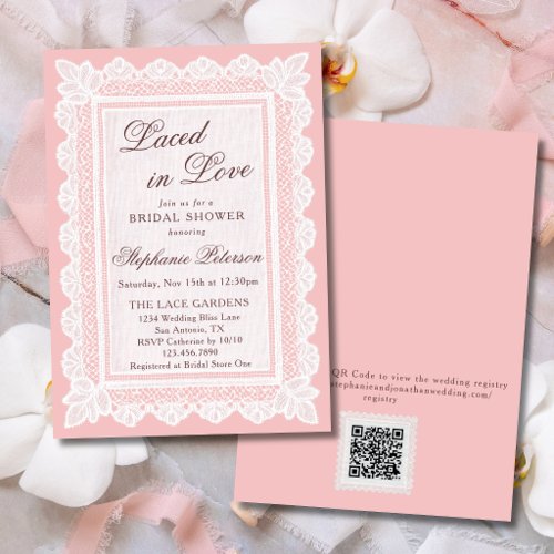 Laced in Love Pink Lace QR Code Bridal Shower Invitation