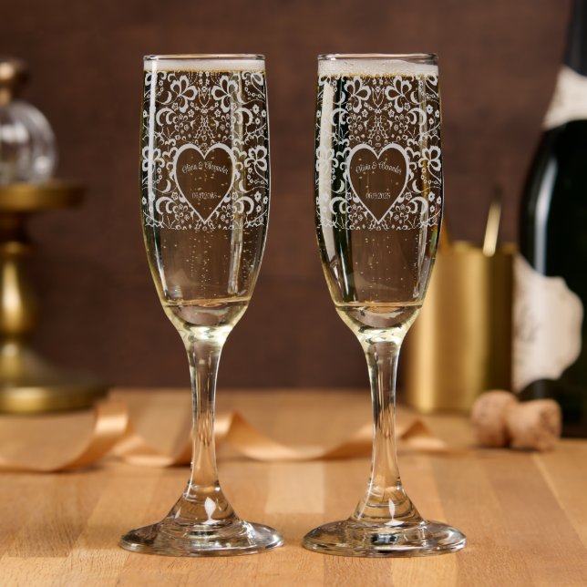 Laces and hearts customized wedding champagne flute (Party)