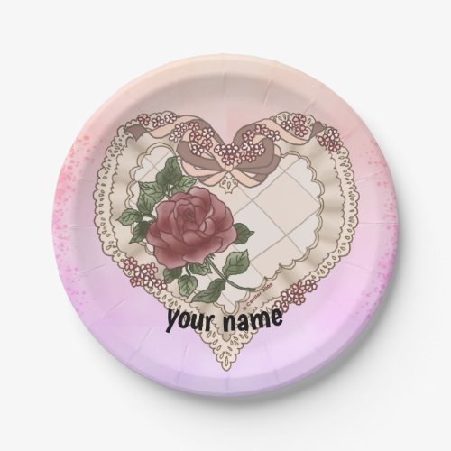 Lacey Ribbon Heart custom name paper plates