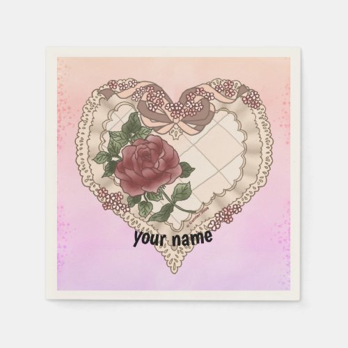 Lacey Ribbon Heart custom name wedding napkins
