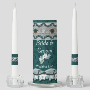 Lacey Steel Teal Gems Wedding Unity Candle Set