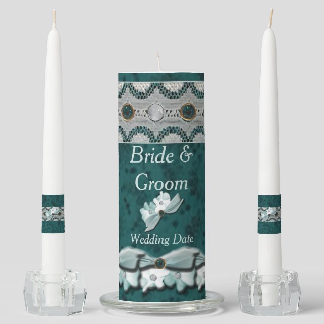 Lacey Steel Teal Gems Wedding Unity Candle Set (Front)
