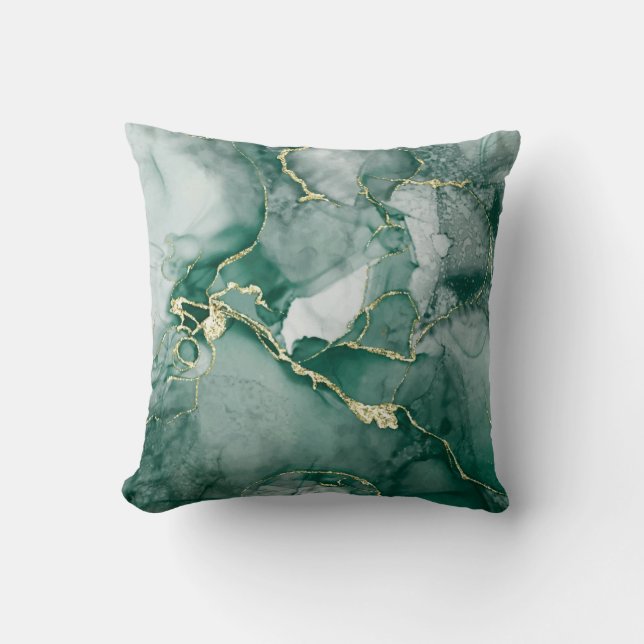 Lacquer Green, Gold Abstract Throw Pillow (Front)