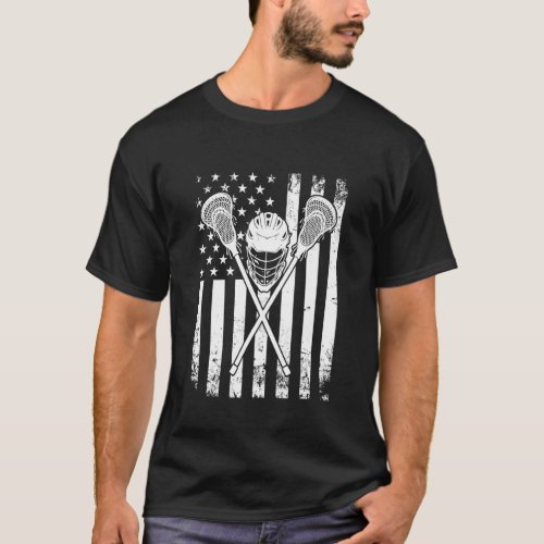 Lacrosse American Flag Cross Lacrosse Sticks Men W T_Shirt