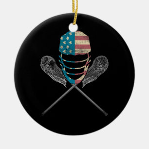 Lacrosse American Flag Lax Helmet And Stick Ceramic Ornament