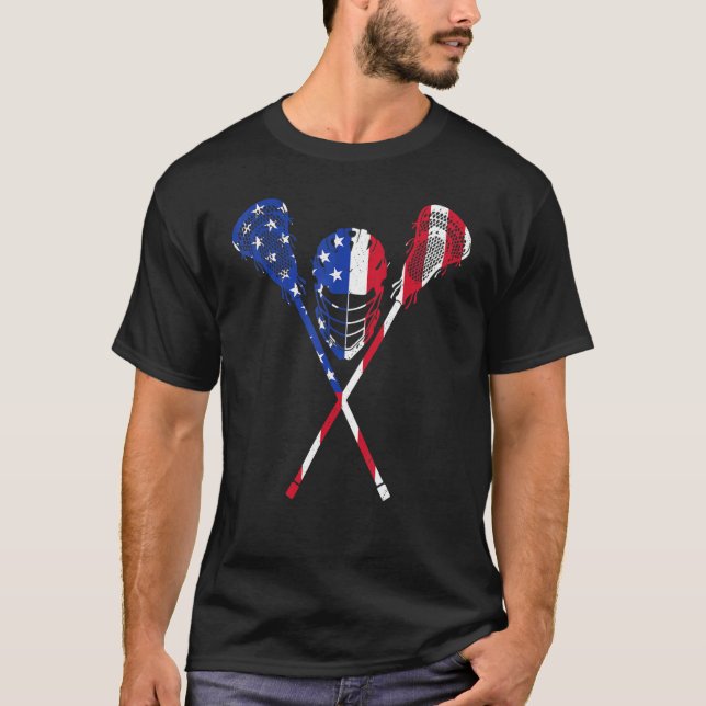 Lacrosse American Flag  Lax Helmet And Sticks Men  T-Shirt (Front)
