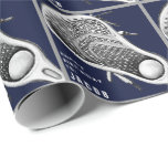 Lacrosse Birthday Gift Wrapping Paper<br><div class="desc">Creative lacrosse stick design and happy birthday sports line on a navy blue background. To personalize edit text to add name of lax player,  coach or team sports fan.</div>