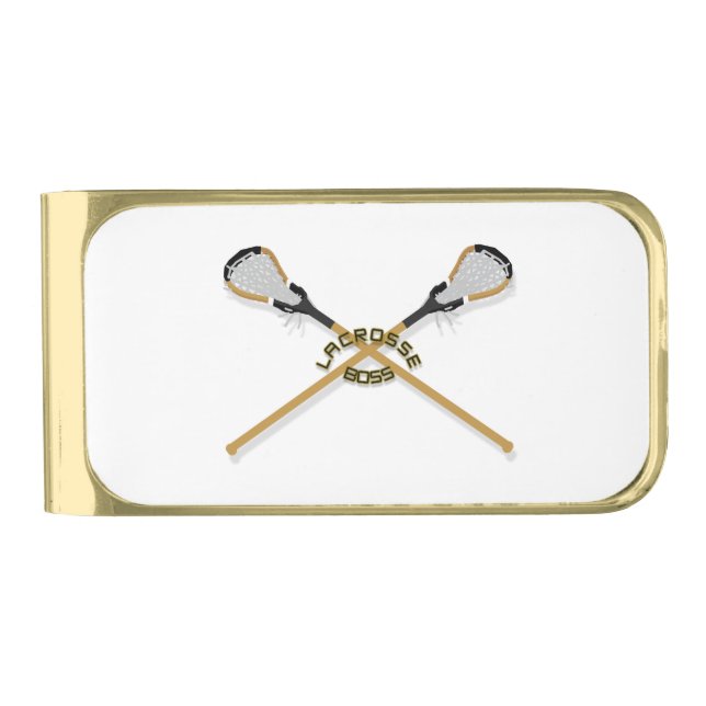 Lacrosse Boss Crossed Sticks Gold Finish Money Clip (Front)