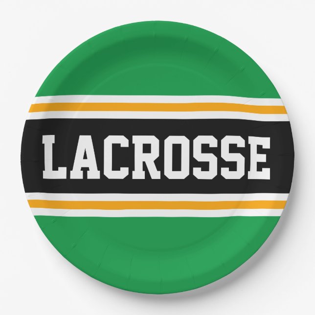 LACROSSE Bright Green Black Orange Racing Stripes Paper Plates (Front)