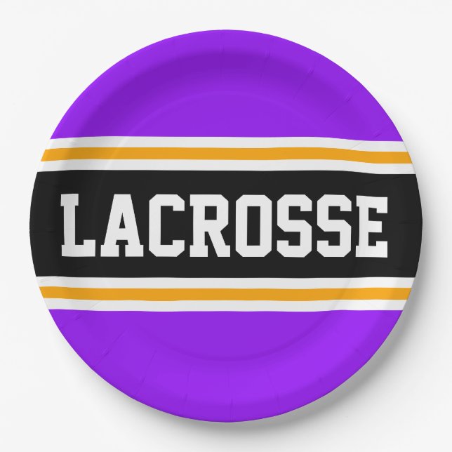 LACROSSE Bright Purple Black Orange Racing Stripes Paper Plates (Front)