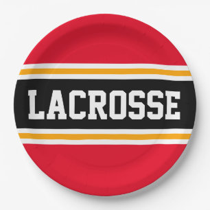 LACROSSE Bright Red Black Orange Racing Stripes Paper Plates