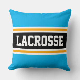LACROSSE Bright Sky Blue Black Athletic Stripes Throw Pillow