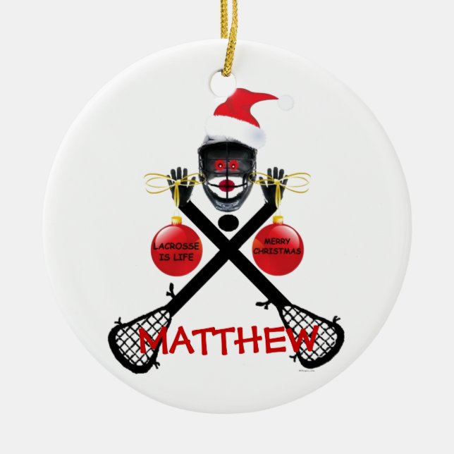 Lacrosse Christmas Cartoon Ceramic Ornament (Front)