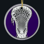 Lacrosse Collectible Ceramic Ornament<br><div class="desc">Lacrosse team award or player collectible keepsake gift featuring lax stick on purple background. Edit text to add name and year.</div>