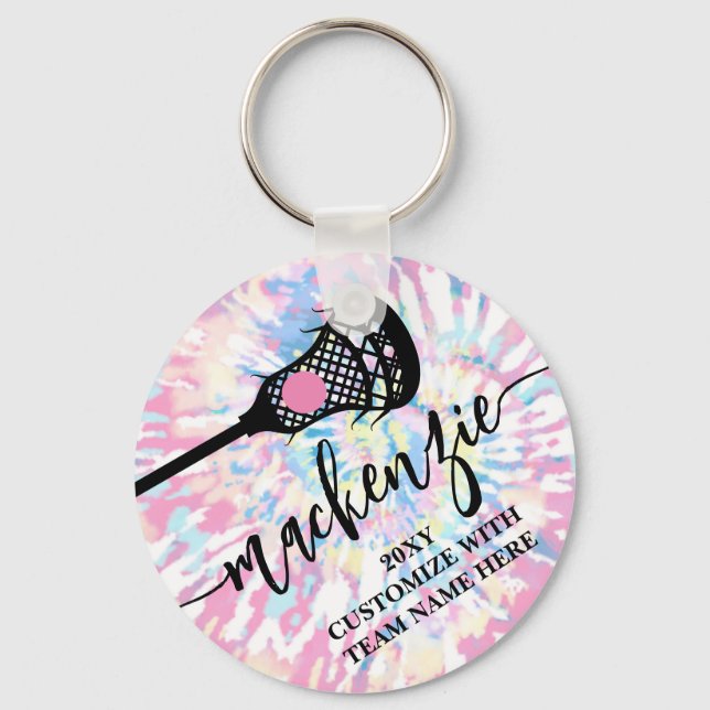 Lacrosse Girls Pink Tie Dye Personalized Keychain (Front)