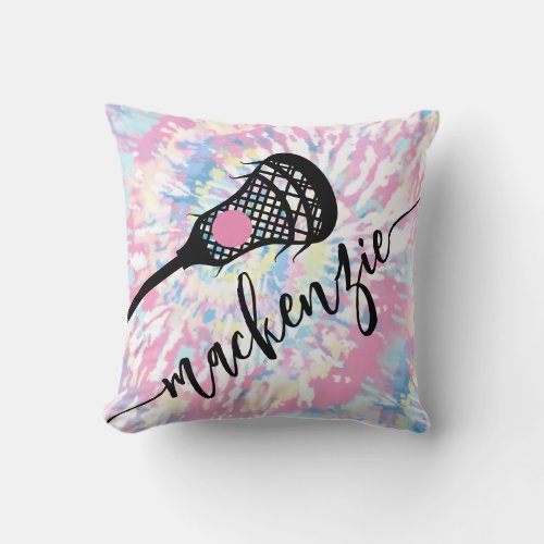Lacrosse Girls Sports Pink Tie Dye  Throw Pillow