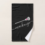 Lacrosse Girly Personalized Name Sport  Hand Towel<br><div class="desc">Custom Printed Personalized Lacrosse Sports Towel with a simple lacrosse stick icon and calligraphy script text, name, or monogram. Any girls or women's lacrosse team or club player would appreciate the classic elegant look on this modern and minimal useful lacrosse themed gift. Black, white, and pink design colors can be...</div>