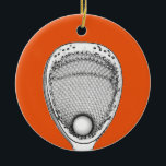 Lacrosse Goalie Ceramic Ornament<br><div class="desc">Lacrosse goalie ornament or award featuring goalkeeper stick on orange background. To personalize edit text to add name and otherwise customize.</div>