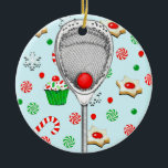 Lacrosse Goalie Christmas Collectible Ceramic Ornament<br><div class="desc">Creative lacrosse goalie holiday gift ornament featuring goalkeeper's lax stick surrounded by Christmas treats.</div>