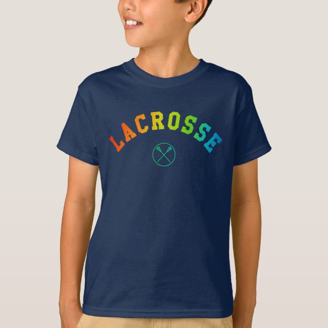 Lacrosse kid's shirt - colorful curved text (Front)