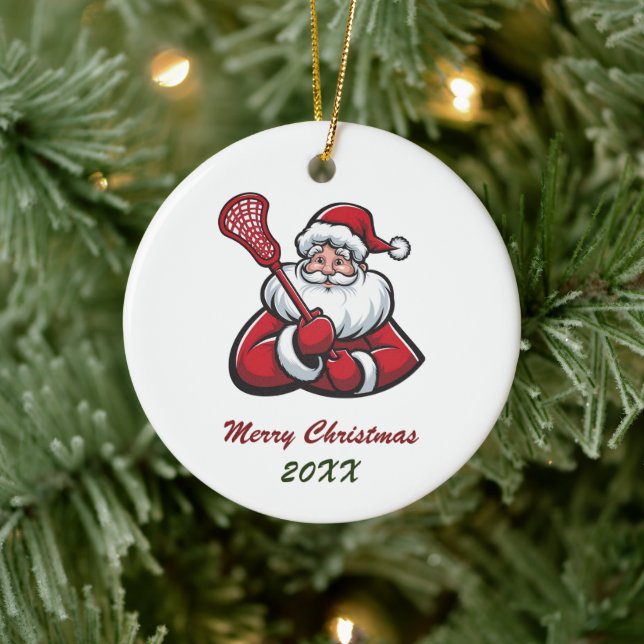 Lacrosse Merry Christmas Cute Santa Claus Custom Ceramic Ornament (Tree)