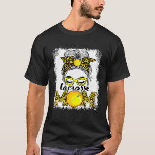 Lacrosse Mom Mother's Day Game Day Messy Bun Leopa T-Shirt