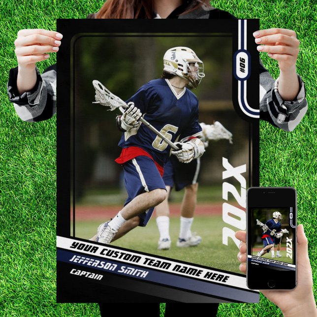 Lacrosse Player Custom Gift in Blue Poster (Lacrosse Player Poster in Black with Custom Team Name and Blue White Elements)
