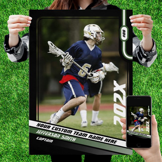 Lacrosse Player Custom Gift in Green Poster (Lacrosse Player Poster in Black with Custom Team Name and Green White Elements)