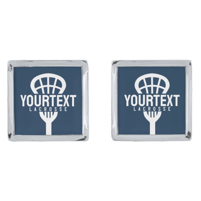 Lacrosse Player CUSTOM TEXT Team Mesh Sport Stick  Cufflinks (Front)