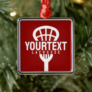 Lacrosse Player CUSTOM TEXT Team Mesh Sport Stick Metal Ornament