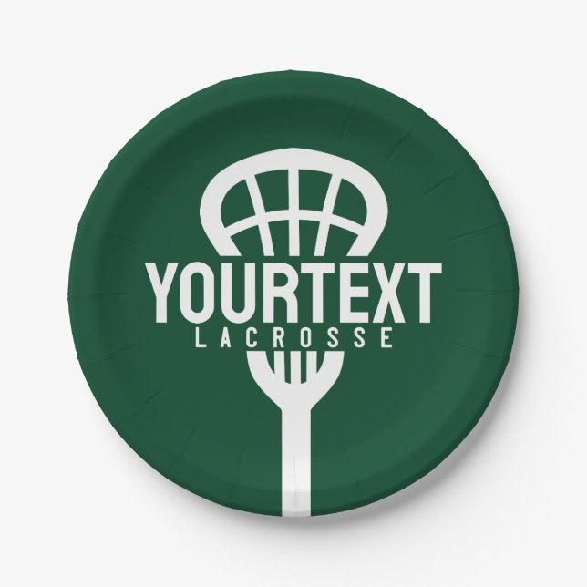 Lacrosse Player CUSTOM TEXT Team Mesh Sport Stick  Paper Plates (Front)