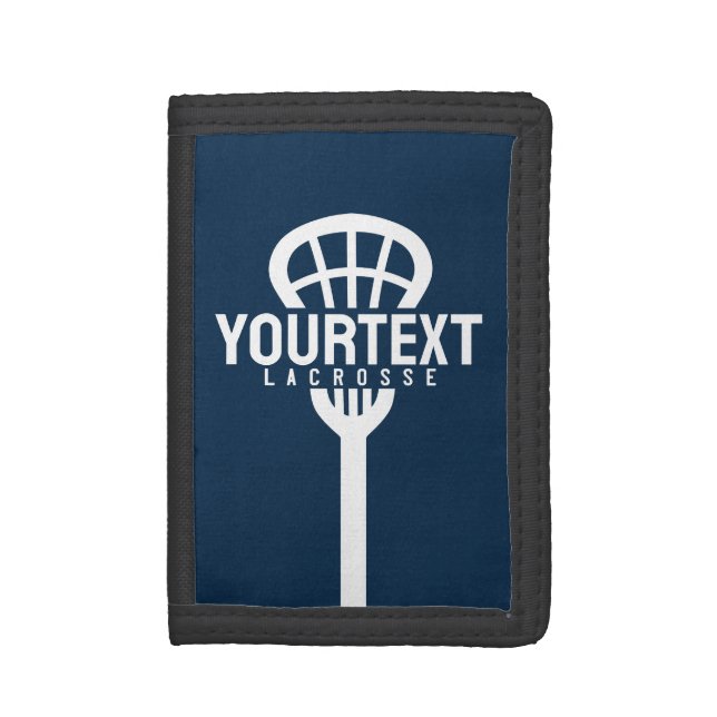 Lacrosse Player CUSTOM TEXT Team Mesh Sport Stick  Trifold Wallet (Front Vertical)