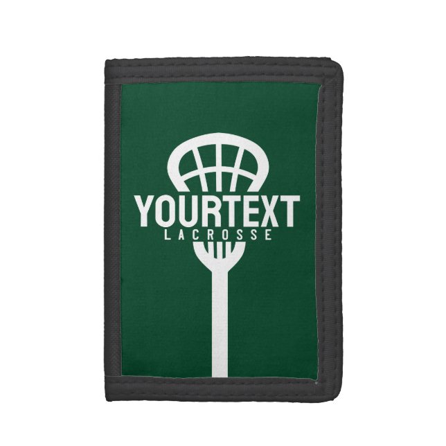 Lacrosse Player CUSTOM TEXT Team Mesh Sport Stick  Trifold Wallet (Front Vertical)