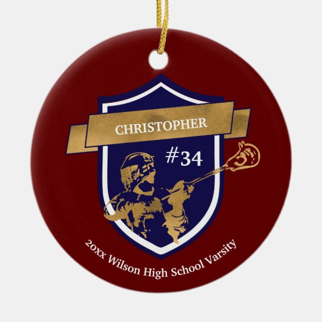 Lacrosse Player Team Gold Red Sports Award Ceramic Ornament (Front)