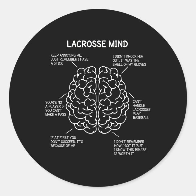 Lacrosse Player Think Sayings Brain Funny Christma Classic Round Sticker (Front)