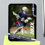 Lacrosse Player Trading Card in Black Blue Magnet<br><div class="desc">Celebrate your lacrosse player's achievements with this striking black-framed magnet, designed to showcase their athletic prowess. Featuring blue and white elements, the magnet includes a customizable uniform number in bold white font set against a blue stripe in the top right corner, and a customizable year at the bottom right. Three...</div>
